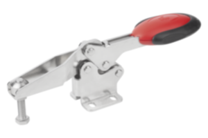 Horizontal Toggle Clamps with Safety Interlock with flat foot and adjustable clamping spindle, stainless steel