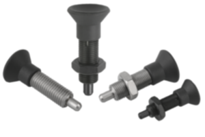 Indexing plungers, steel or stainless steel, without collar, with plastic mushroom grip and extended indexing pin - inch
