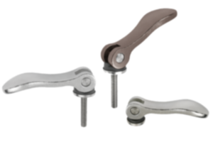 Cam levers, stainless steel with internal or external thread, plastic thrust washer and stainless steel stud - inch