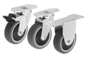 Swivel and fixed equipment castors, steel with TPU tread, electrically conductive for aluminum profiles Swivel and fixed equipment castors, steel with TPU tread, electrically conductive for aluminum profiles