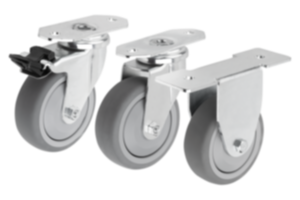 Swivel and fixed equipment castors, steel with TPE tread, for aluminum profiles Swivel and fixed equipment castors, steel with TPE tread, for aluminum profiles