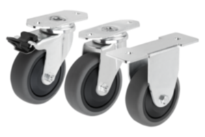 Swivel and fixed equipment castors, steel with TPE tread, electrically conductive for aluminum profiles Swivel and fixed equipment castors, steel with TPE tread, electrically conductive for aluminum profiles